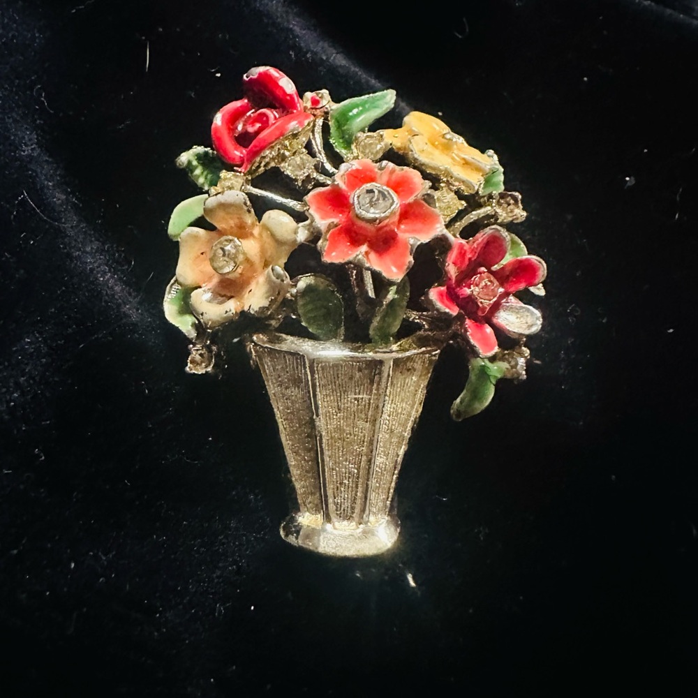 Floral Basket Brooch with Colorful Enamel